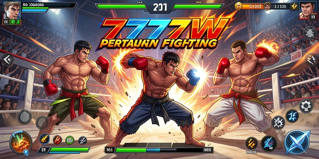 Screenshot utama 7777W menampilkan pertarungan seru antar petarung.