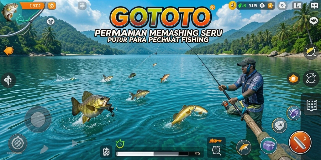 Tampilan utama GOTOTO menampilkan aksi memancing yang seru dan menarik.
