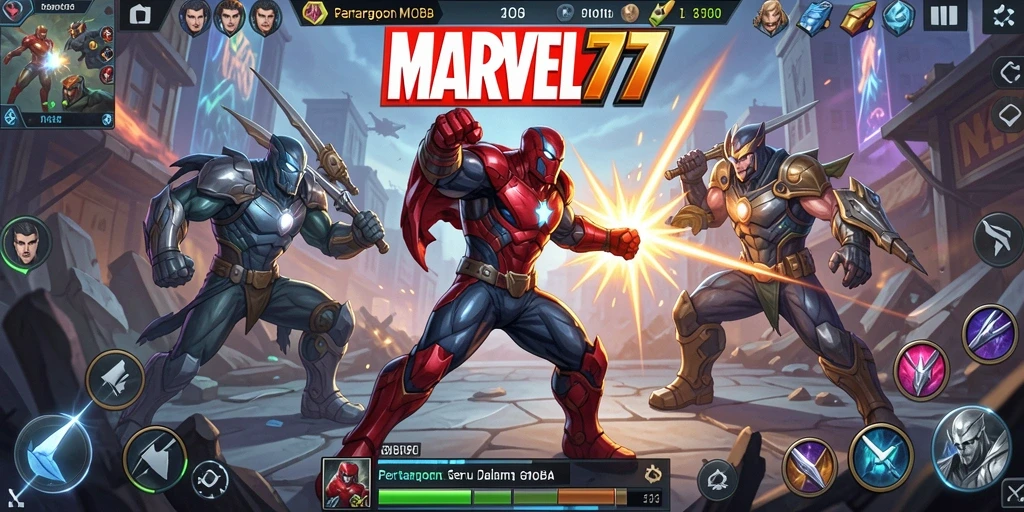 Screenshot gameplay MARVEL77 menunjukkan pertarungan seru antar karakter.