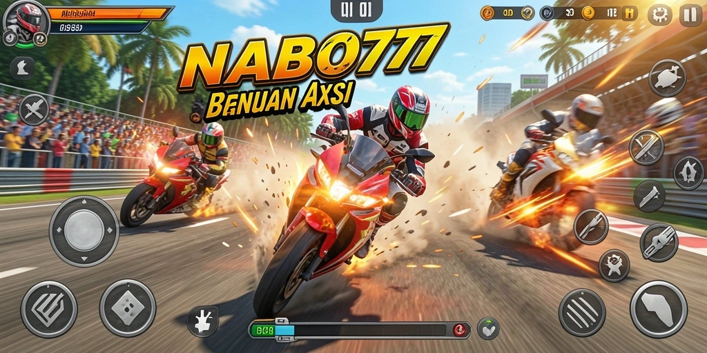 Screenshot gameplay NABOB77 menampilkan aksi balapan motor yang dinamis.