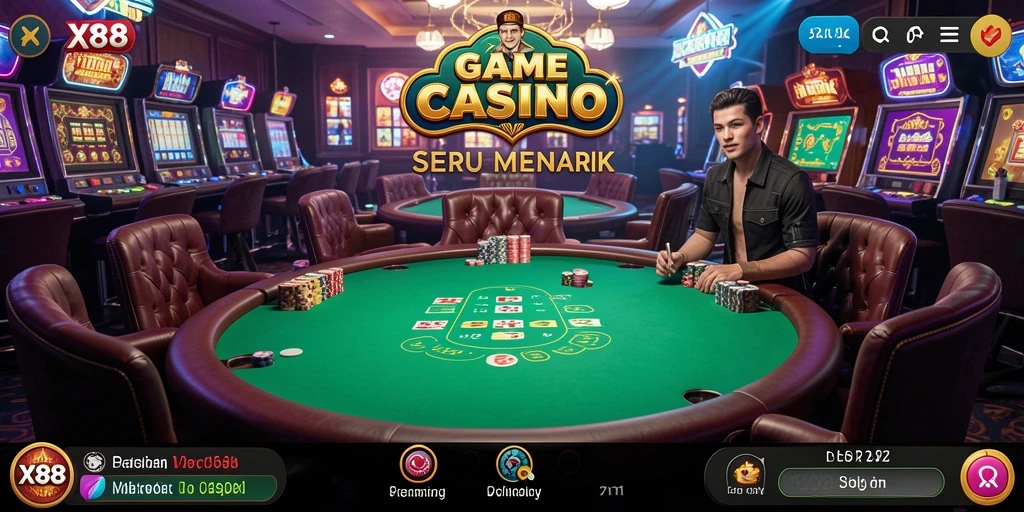 Screenshot gameplay X88 menunjukkan dealer profesional dan suasana Live Casino yang menarik.